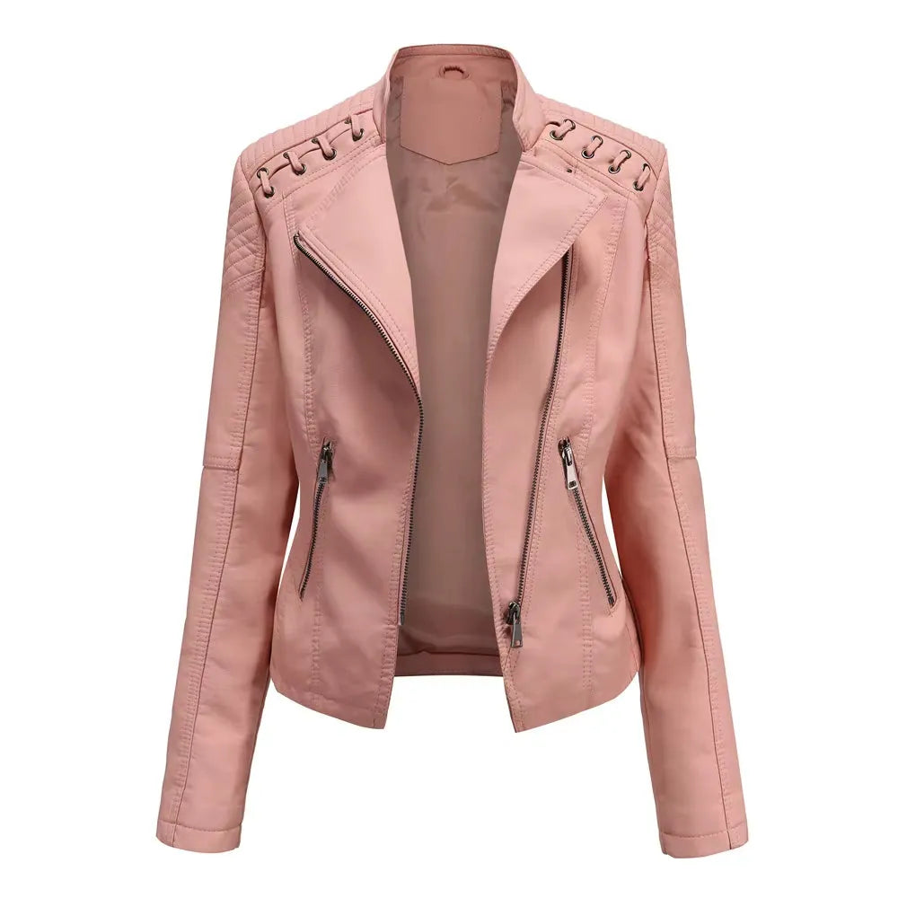 Women's Cropped Leather Biker Jacket with Zip-Up