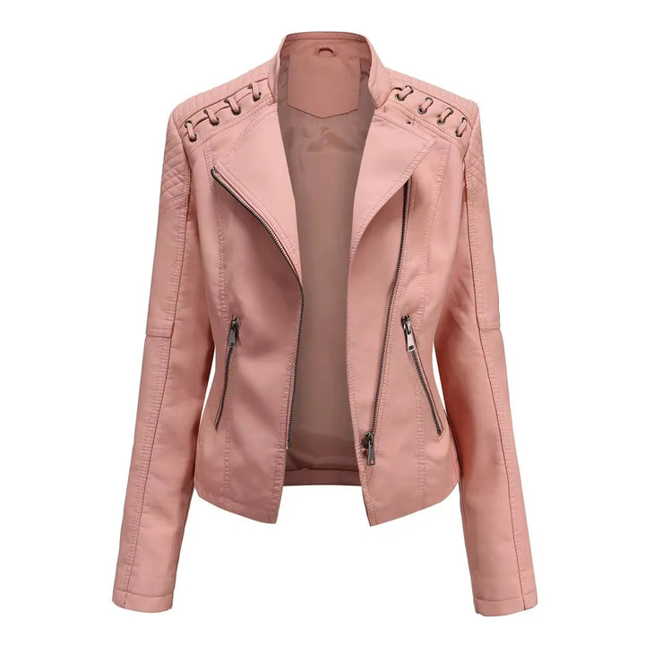 Women's Cropped Leather Biker Jacket with Zip-Up