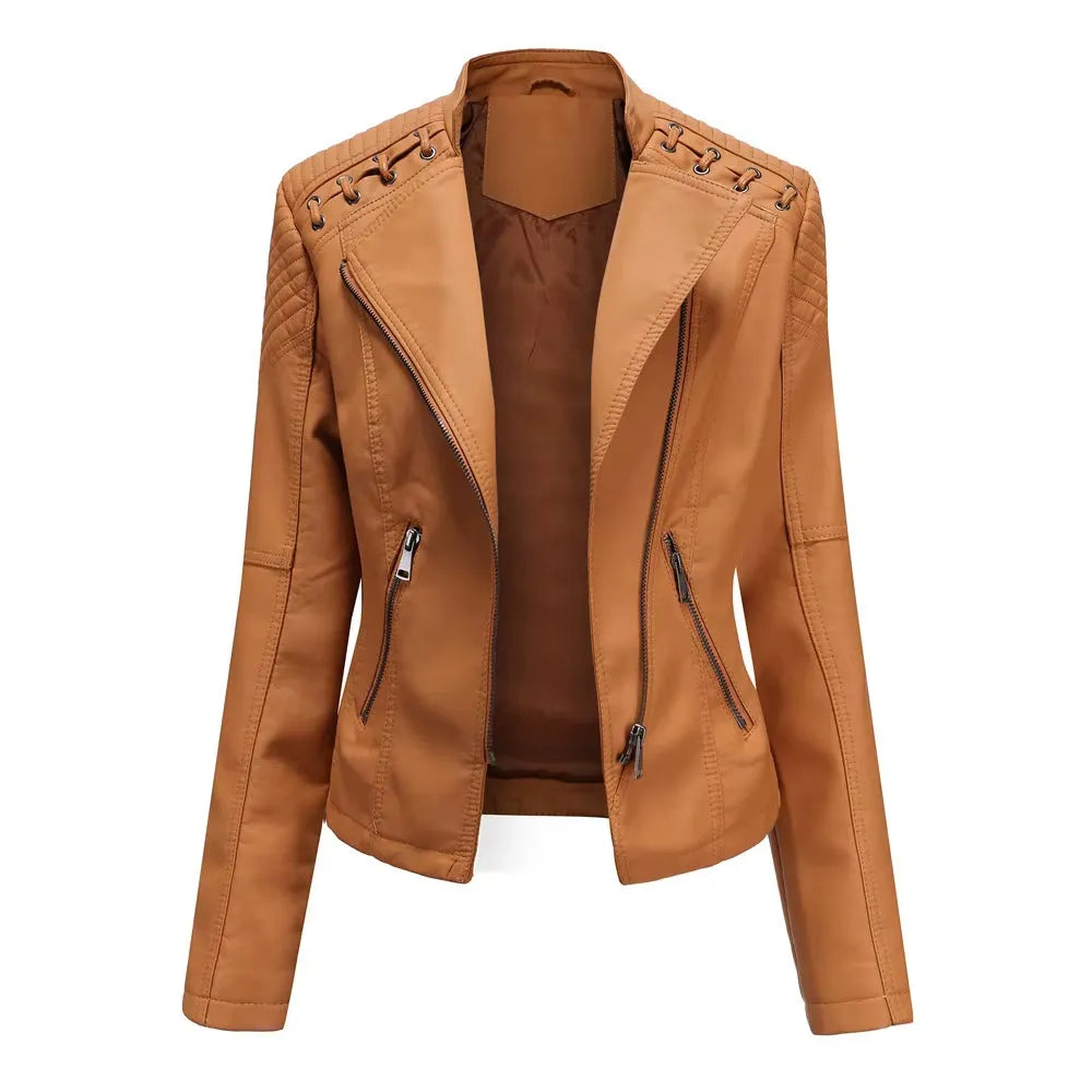 Women's Cropped Leather Biker Jacket with Zip-Up