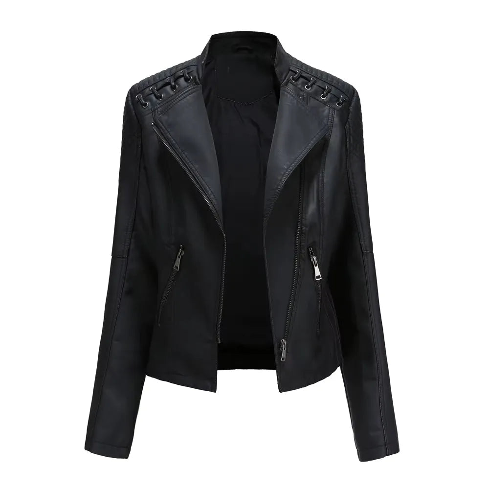 Women's Cropped Leather Biker Jacket with Zip-Up