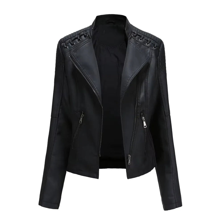 Women's Cropped Leather Biker Jacket with Zip-Up