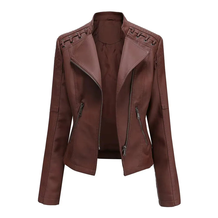 Women's Cropped Leather Biker Jacket with Zip-Up