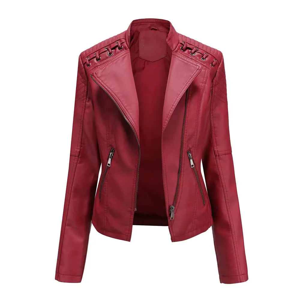 Women's Cropped Leather Biker Jacket with Zip-Up