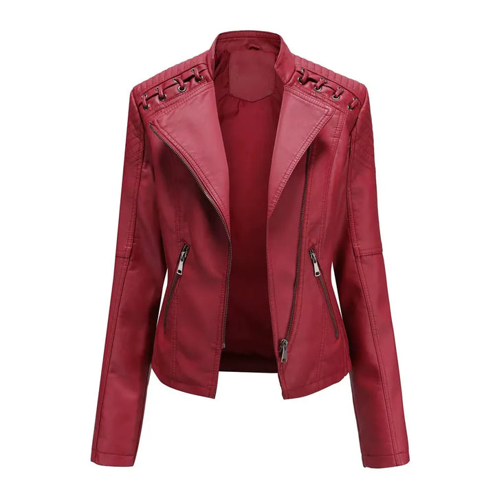 Women's Cropped Leather Biker Jacket with Zip-Up