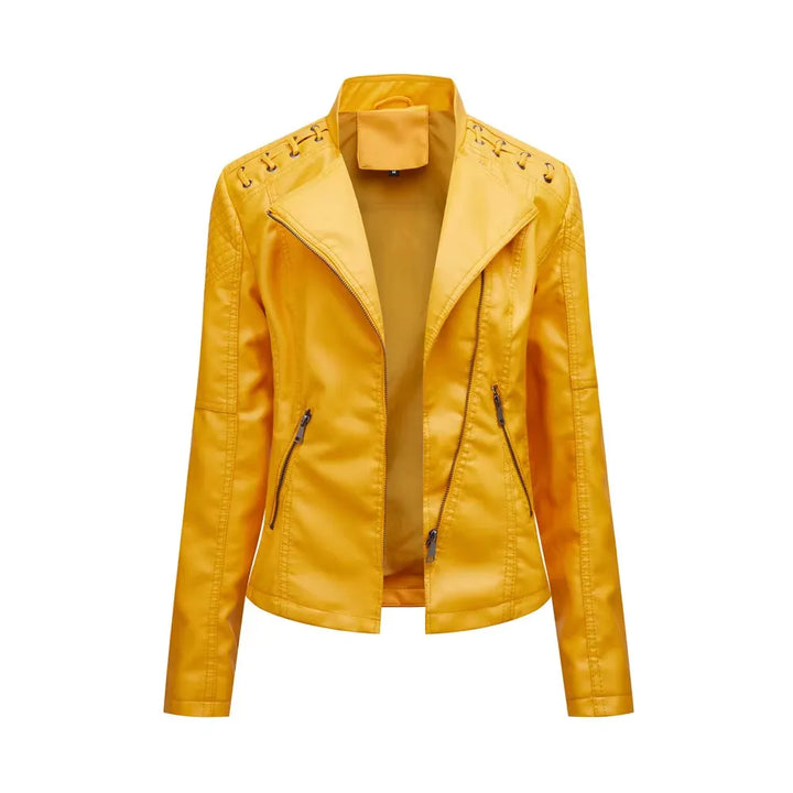 Women's Cropped Leather Biker Jacket with Zip-Up