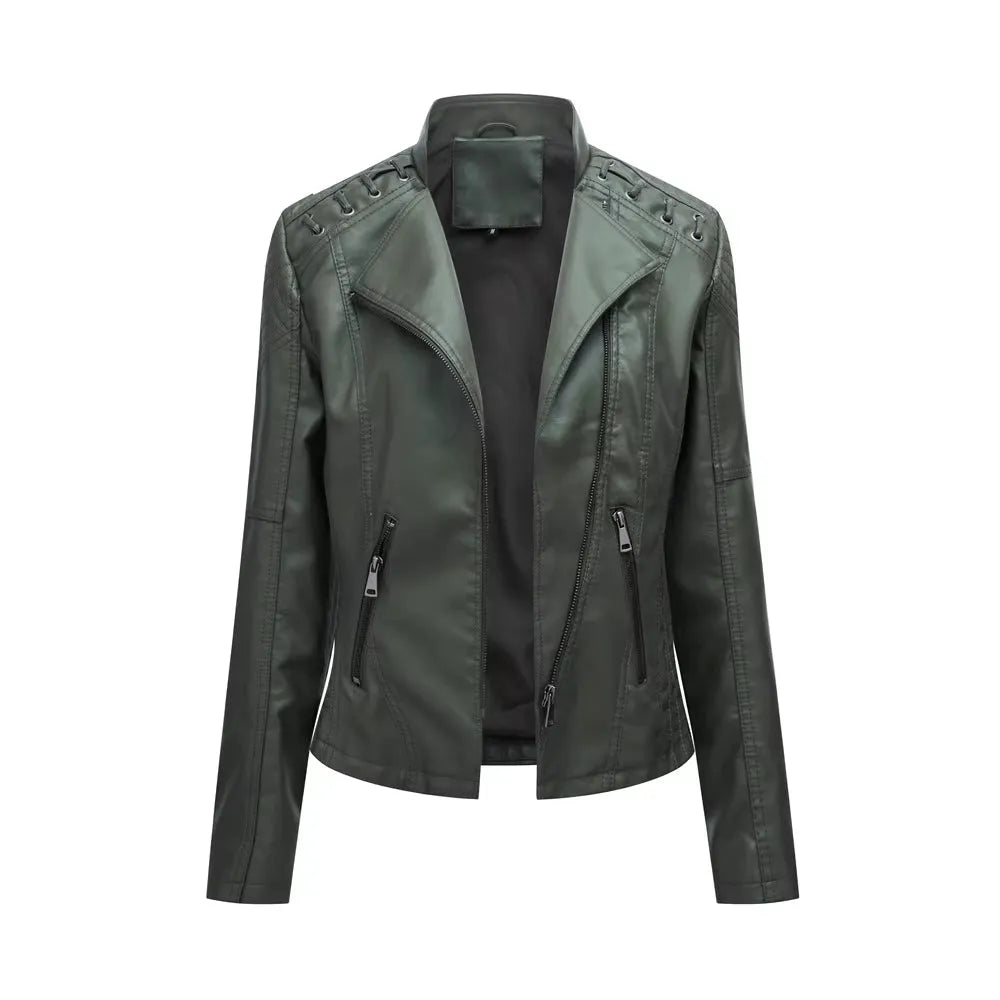 Women's Cropped Leather Biker Jacket with Zip-Up