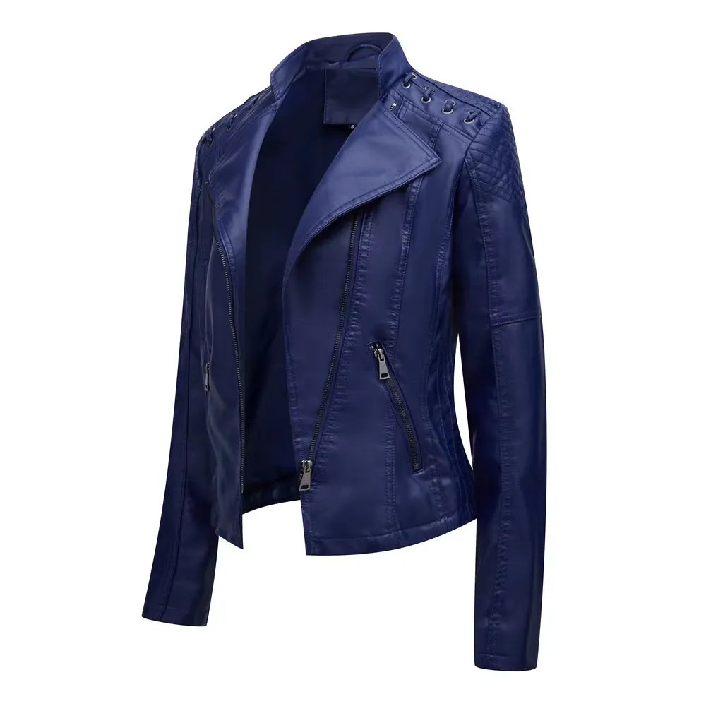 Women's Cropped Leather Biker Jacket with Zip-Up