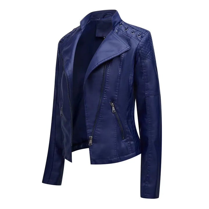 Women's Cropped Leather Biker Jacket with Zip-Up