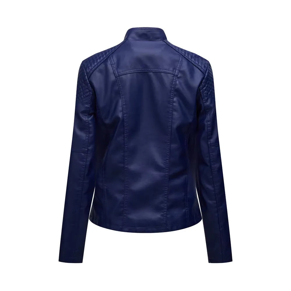Women's Cropped Leather Biker Jacket with Zip-Up