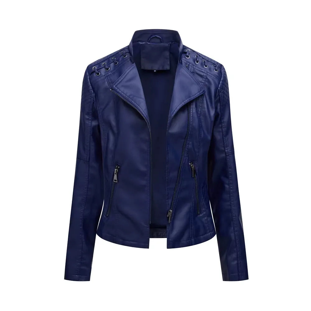 Women's Cropped Leather Biker Jacket with Zip-Up