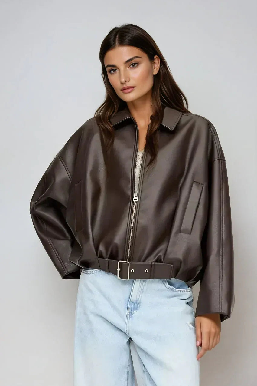 Women's Cropped Oversized Jacket with Belted