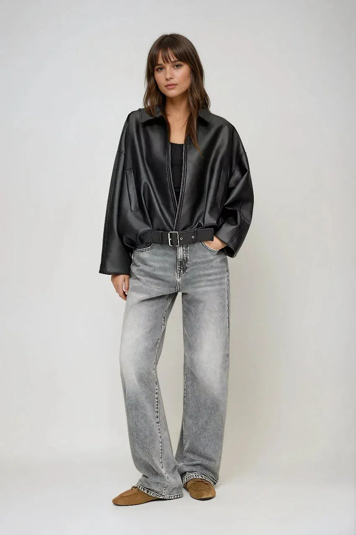 Women's Cropped Oversized Jacket with Belted