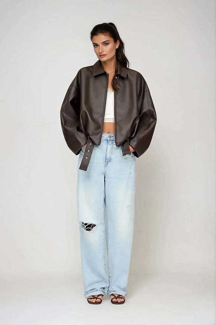 Women's Cropped Oversized Jacket with Belted