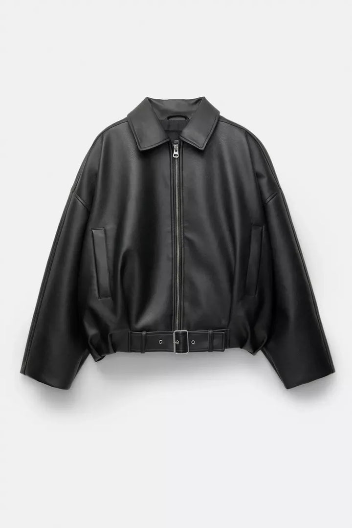Women's Cropped Oversized Jacket with Belted