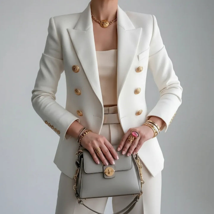 Women's Double-Breasted Blazer with Gold Buttons and Notch Lapel