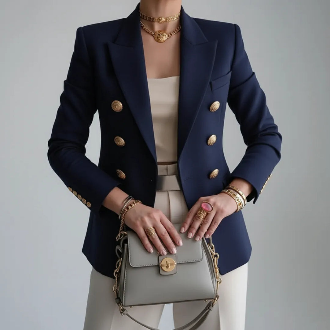 Women's Double-Breasted Blazer with Gold Buttons and Notch Lapel