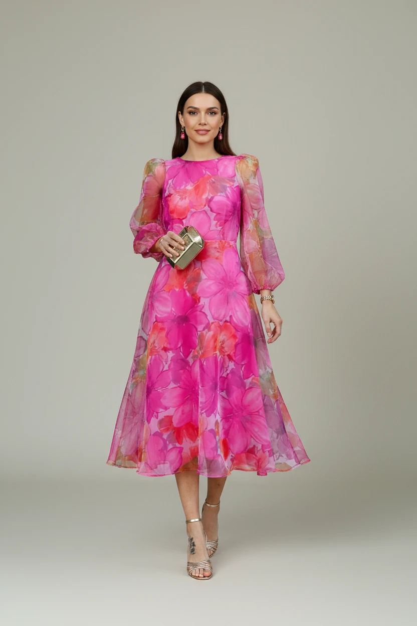 Women's Floral Midi Wedding Guest Dress with Puff Sleeves