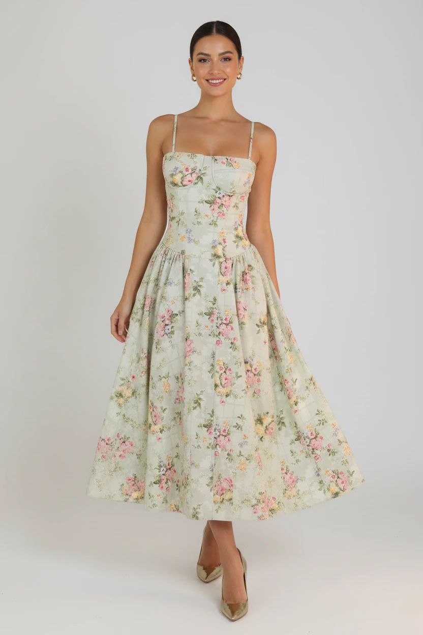 Women's Floral Midi Wedding Guest Dress with Strap Detail