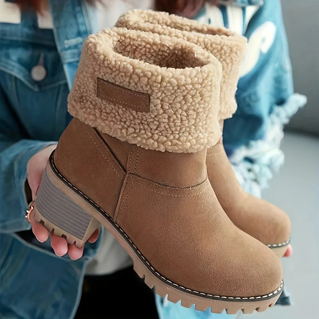 Women’s Fluffy Block Heel Boots with Warm Lining