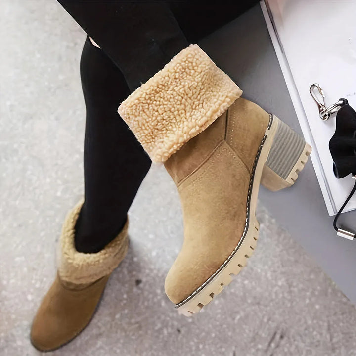 Women’s Fluffy Block Heel Boots with Warm Lining