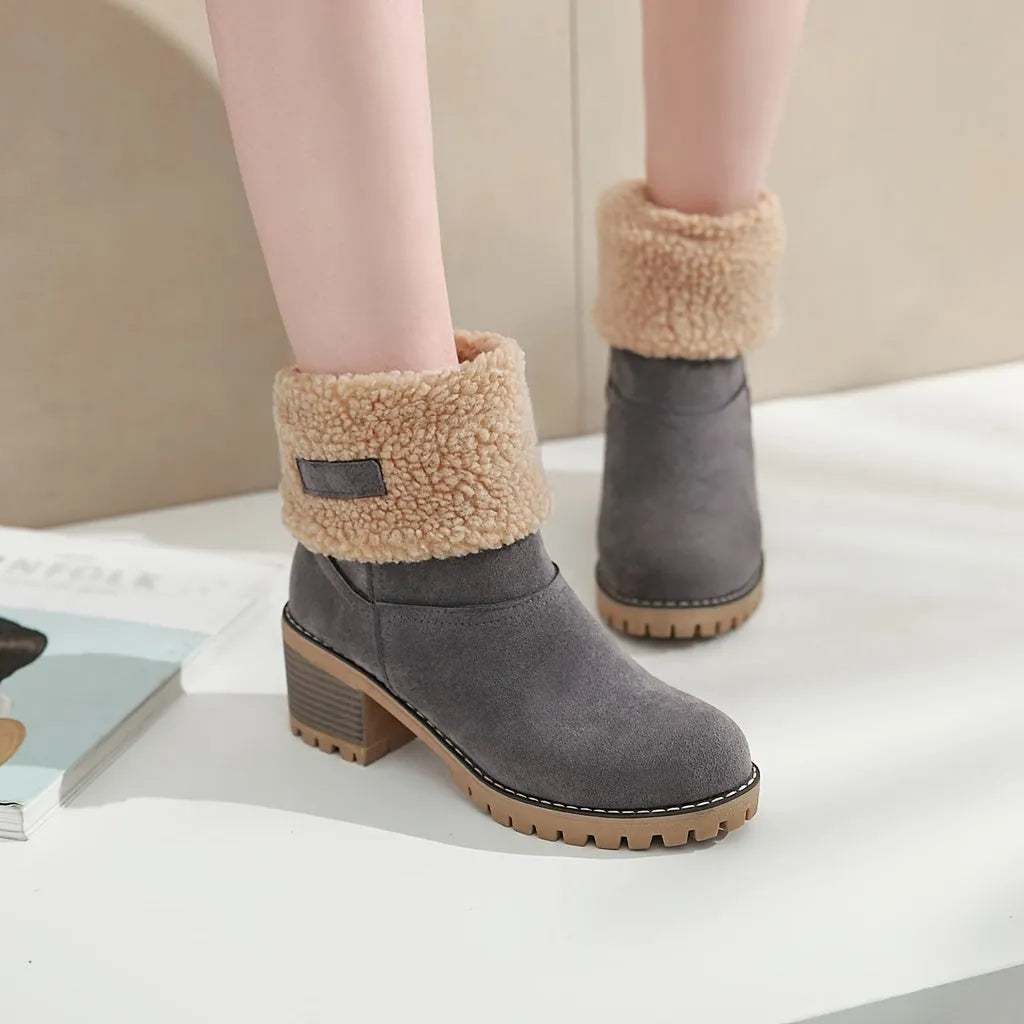 Women’s Fluffy Block Heel Boots with Warm Lining