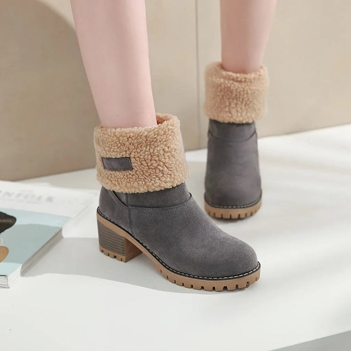 Women’s Fluffy Block Heel Boots with Warm Lining