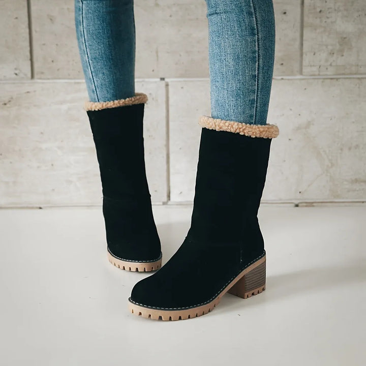 Women’s Fluffy Block Heel Boots with Warm Lining
