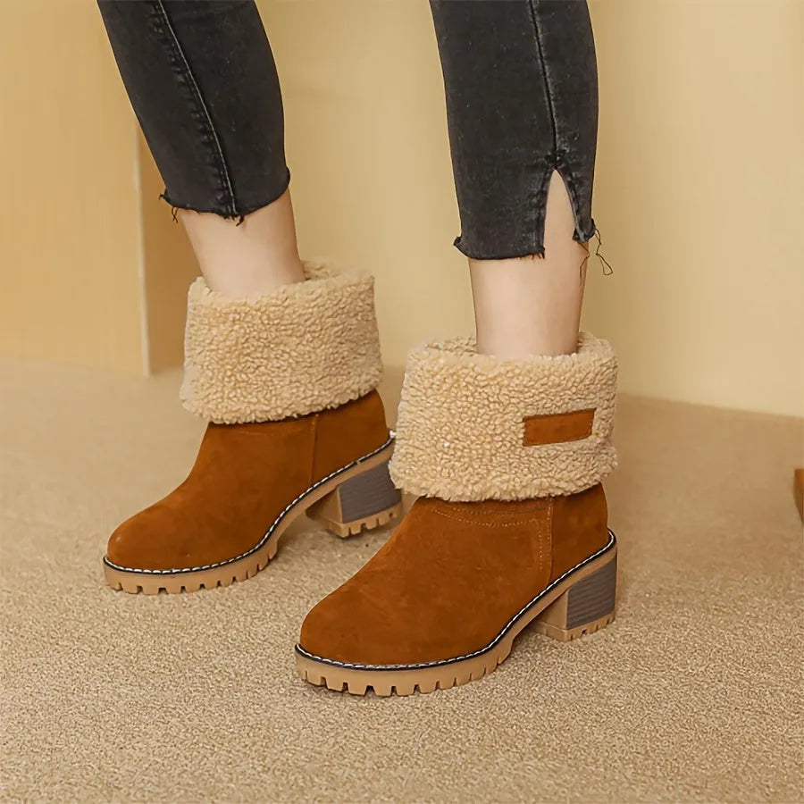 Women’s Fluffy Block Heel Boots with Warm Lining