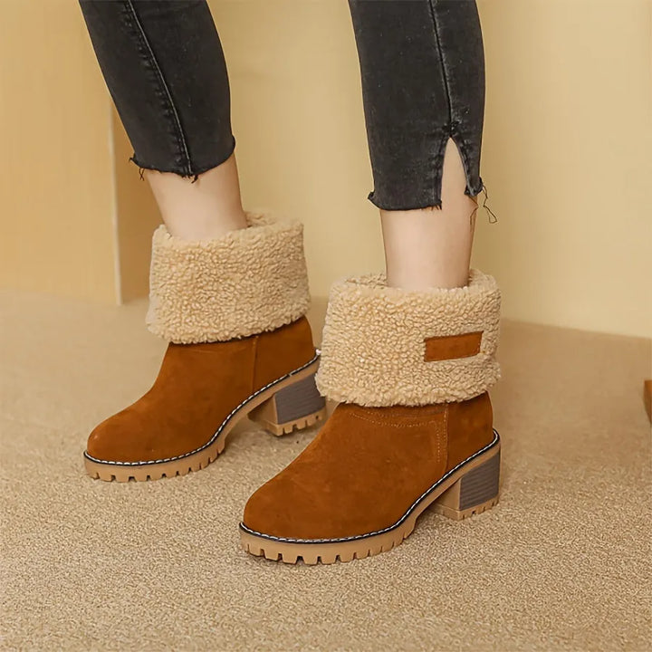 Women’s Fluffy Block Heel Boots with Warm Lining