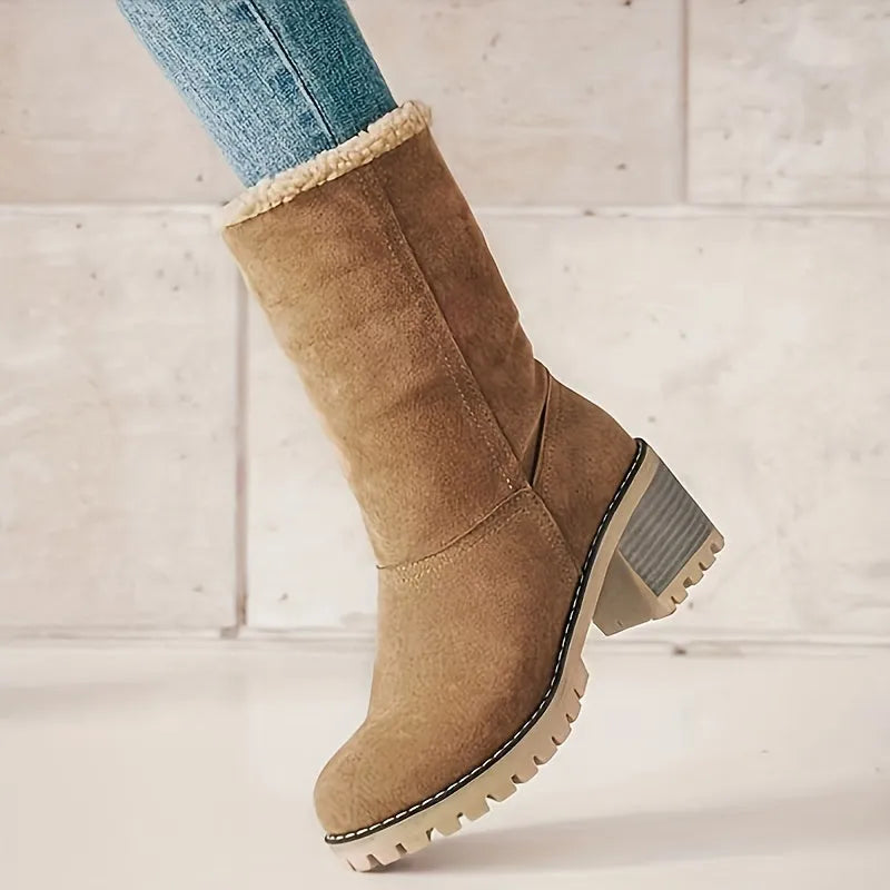 Women’s Fluffy Block Heel Boots with Warm Lining
