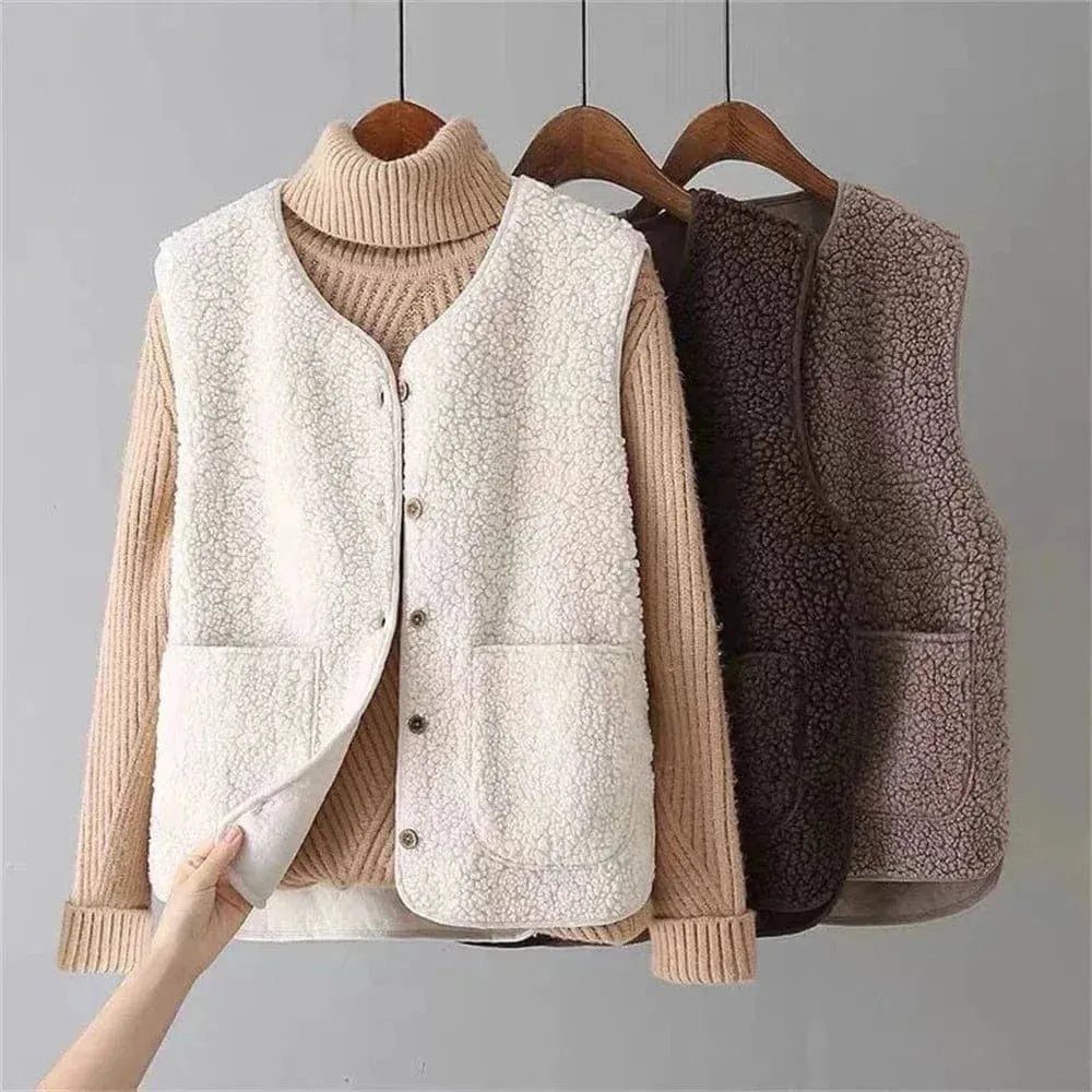 Women’s Fluffy Casual Winter Vest with Button Front