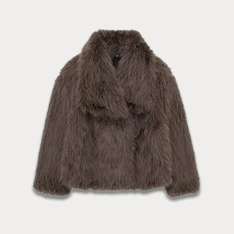 Women's Fluffy Cropped Jacket with Fur Collar