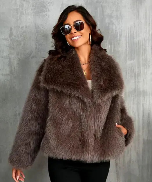 Women's Fluffy Cropped Jacket with Fur Collar