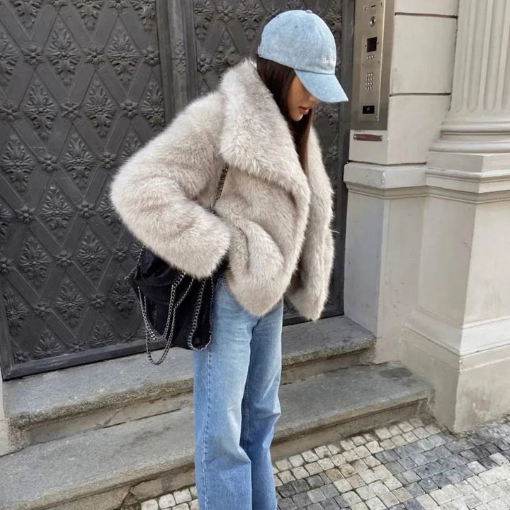 Women's Fluffy Cropped Jacket with Fur Collar