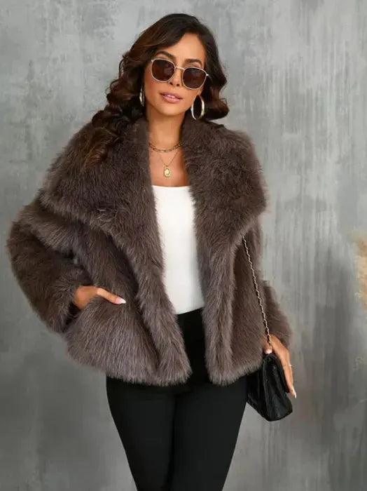 Women's Fluffy Cropped Jacket with Fur Collar