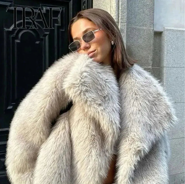 Women's Fluffy Cropped Jacket with Fur Collar