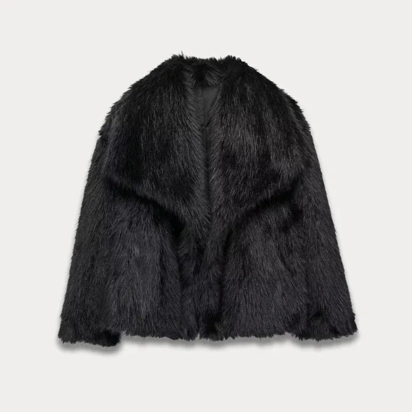 Women's Fluffy Cropped Jacket with Fur Collar