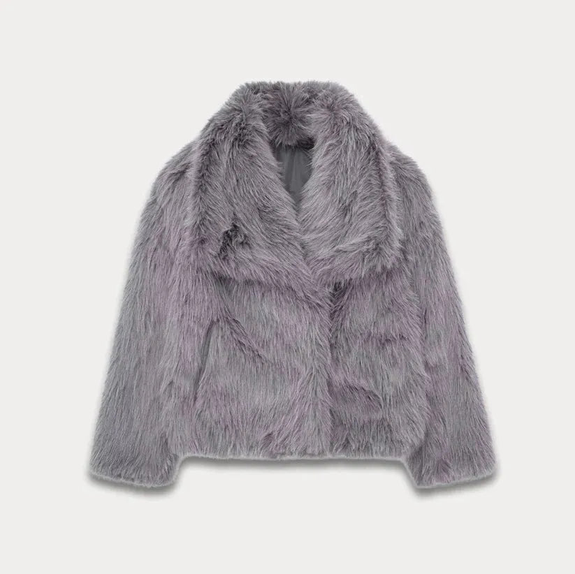 Women's Fluffy Cropped Jacket with Fur Collar