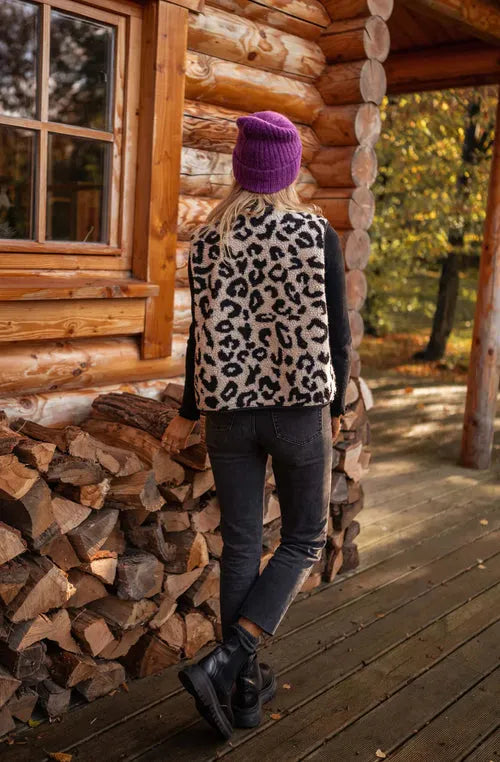 Women's Fluffy Leopard Print Vest with Open Front