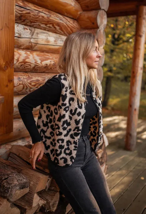 Women's Fluffy Leopard Print Vest with Open Front