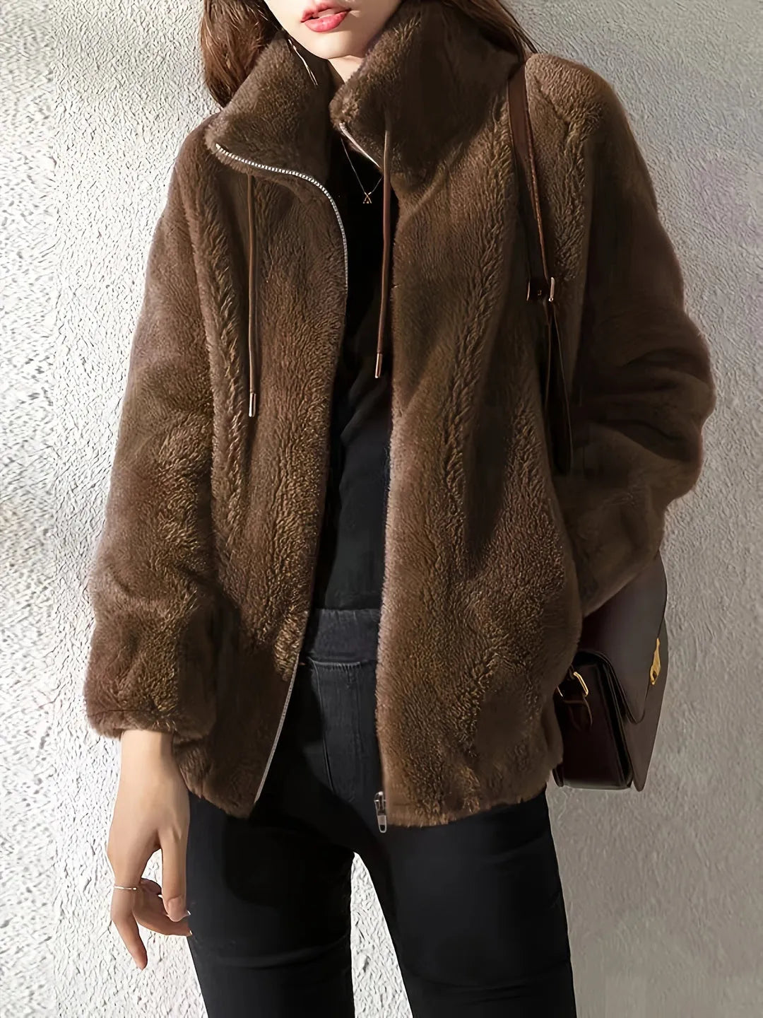 Women's Fluffy Oversized Jacket with Zip-Up