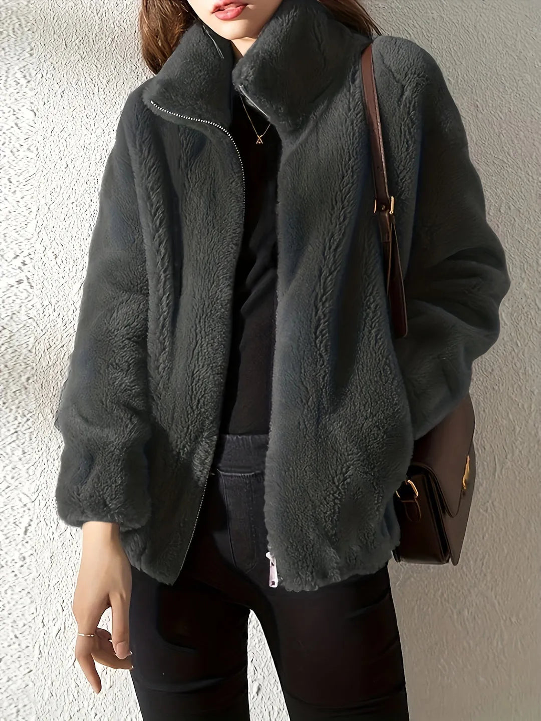 Women's Fluffy Oversized Jacket with Zip-Up