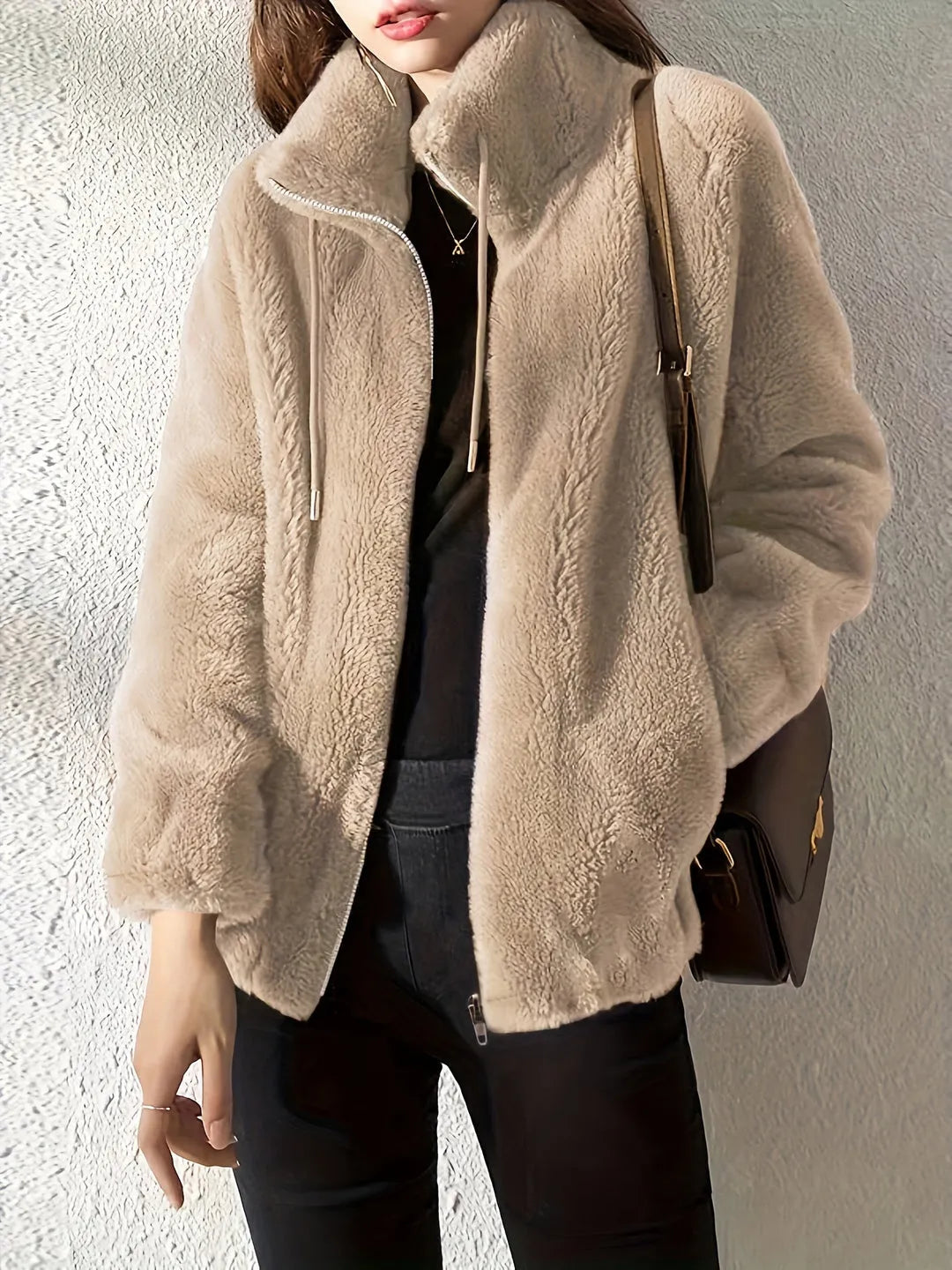 Women's Fluffy Oversized Jacket with Zip-Up