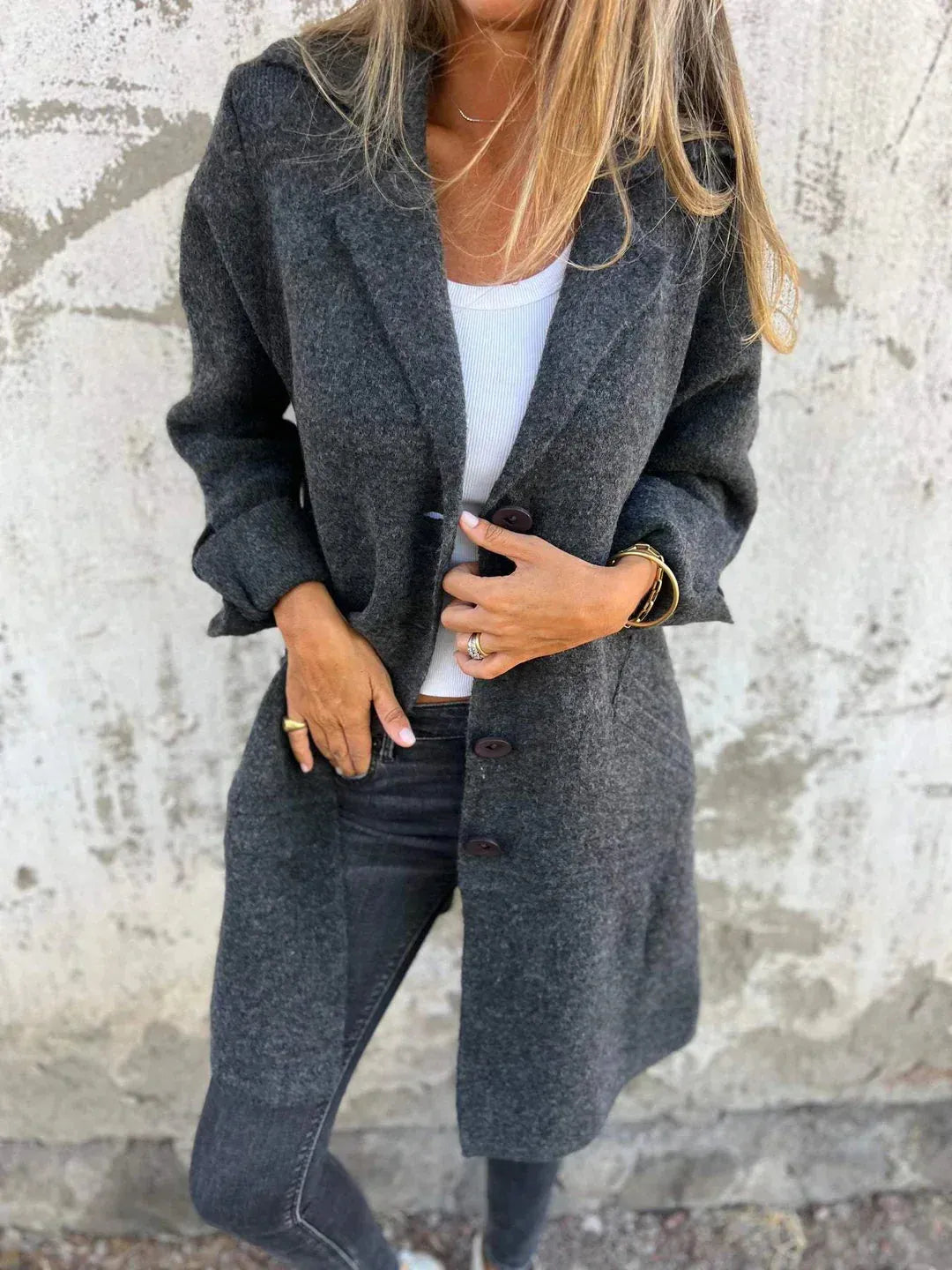 Women's Long Casual Coat with Button Closure