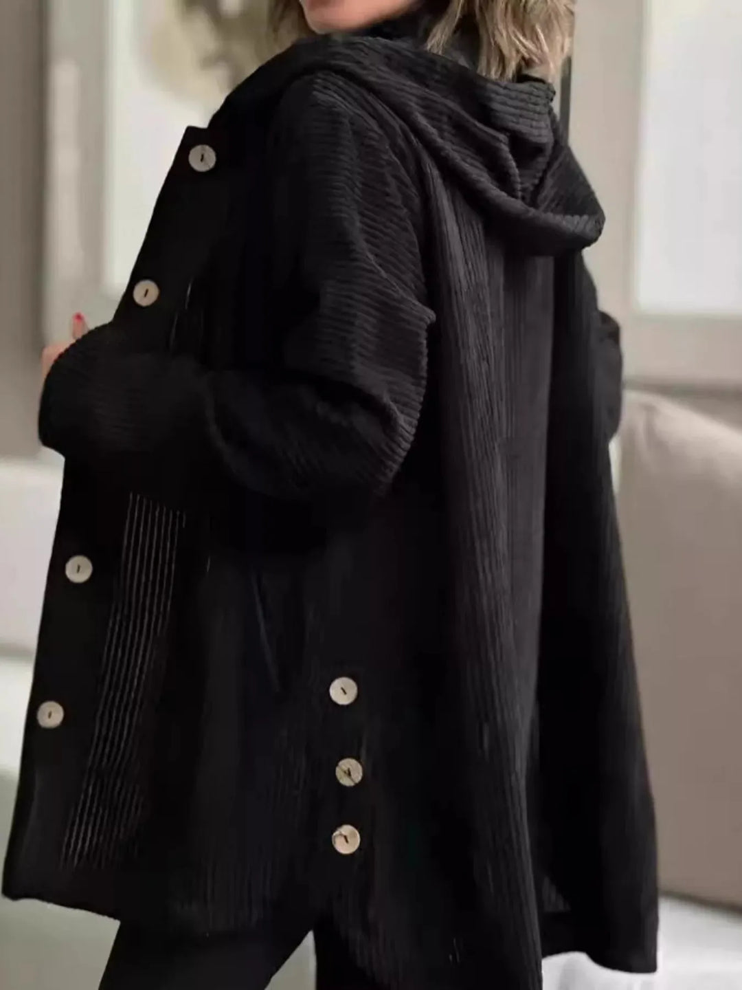 Women’s Long Hooded Jacket with Button Closure