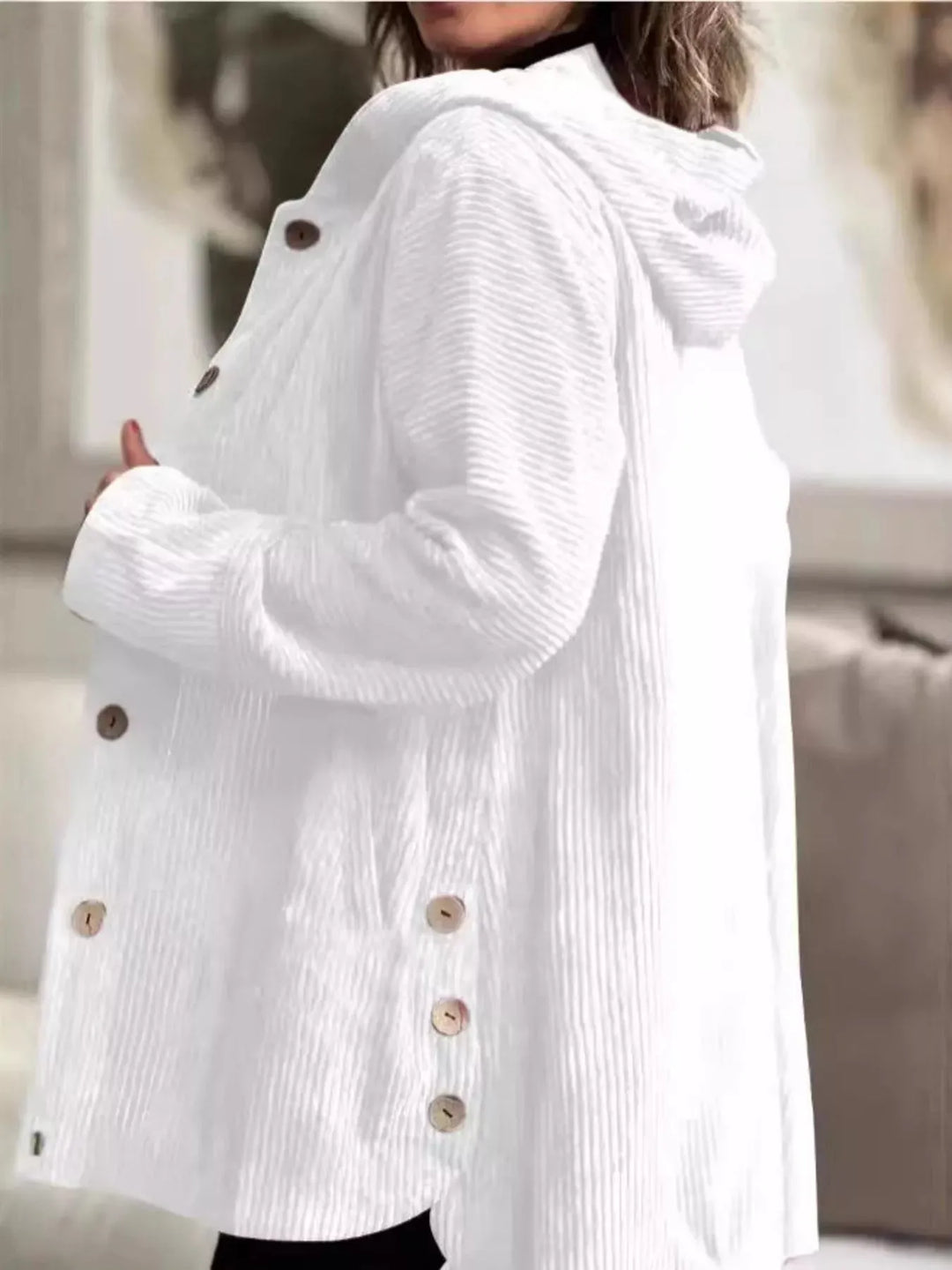 Women’s Long Hooded Jacket with Button Closure