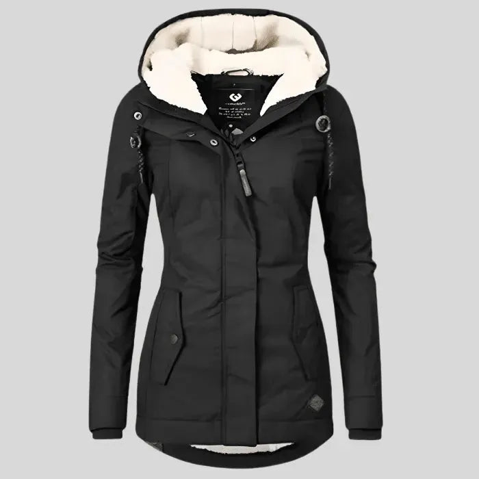 Women's Long Winter Jacket with Hood and Zip-Up
