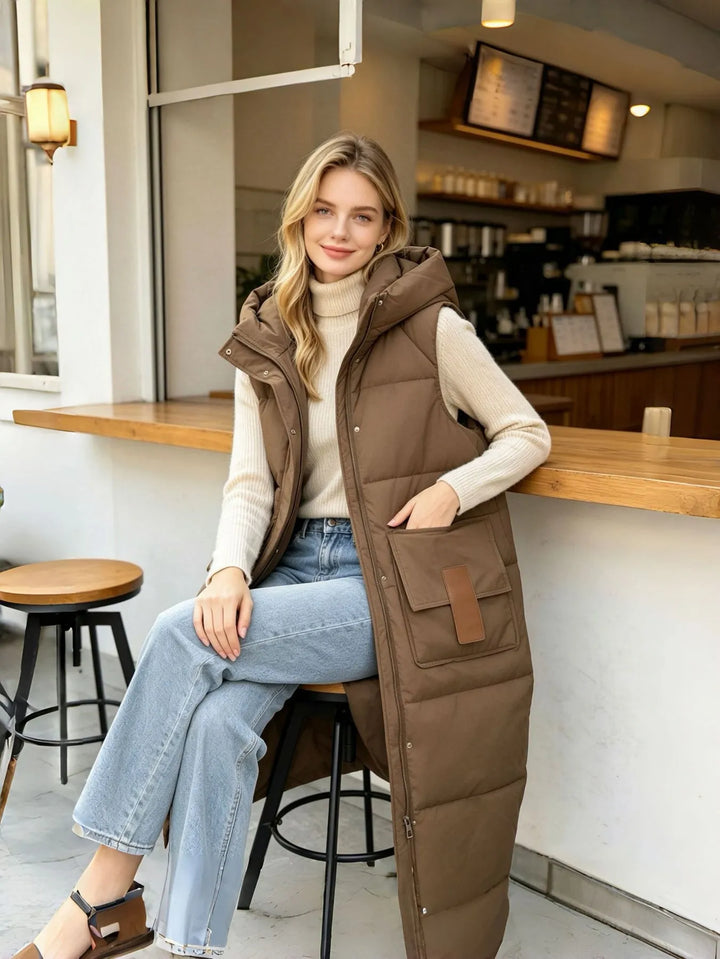 Women's Long Padded Puffer Jacket with Zip-Up
