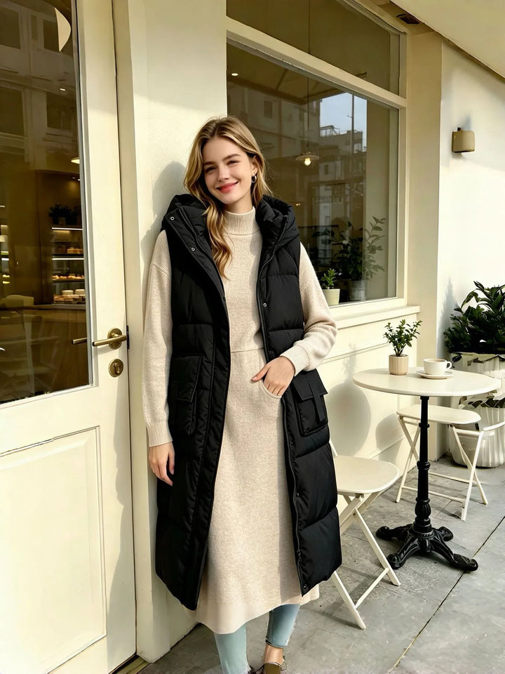 Women's Long Padded Puffer Jacket with Zip-Up