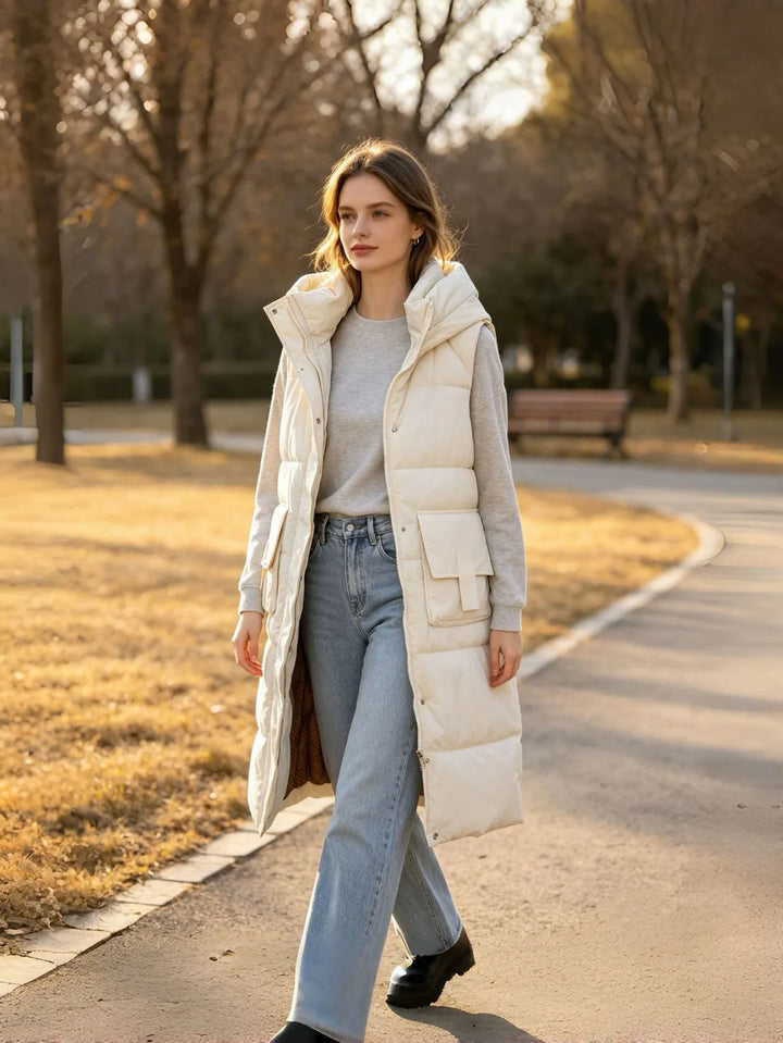 Women's Long Padded Puffer Jacket with Zip-Up